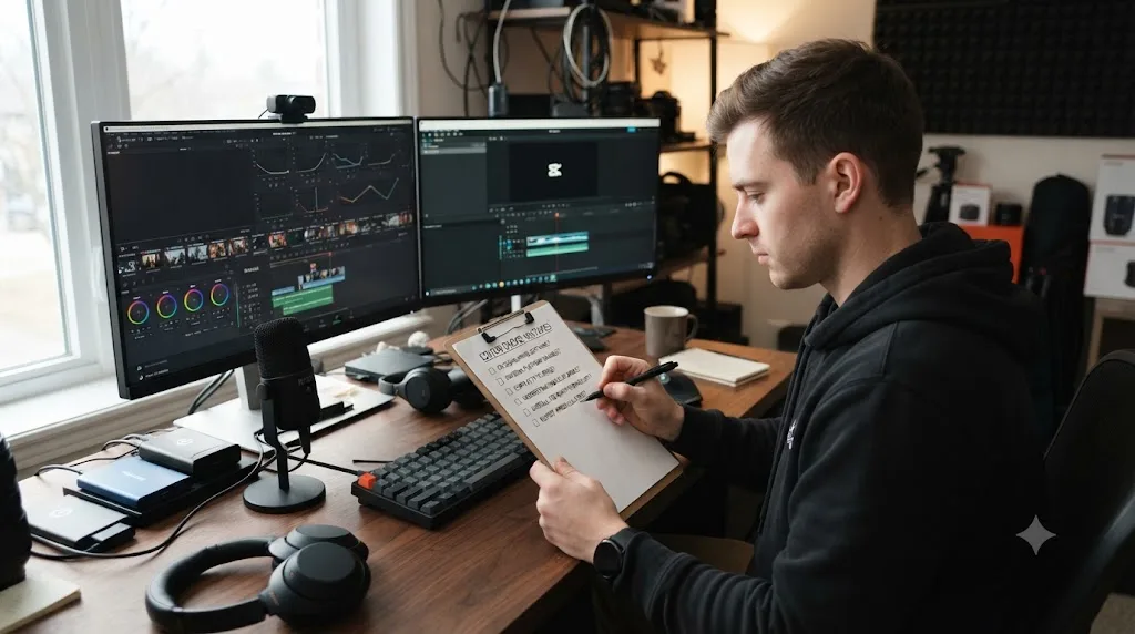 Illustration of a checklist of common mistakes when choosing between CapCut and DaVinci Resolve for short-form editing
