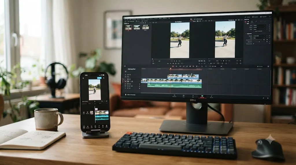 Illustration of a phone running CapCut next to a desktop monitor running DaVinci Resolve, both editing vertical video
