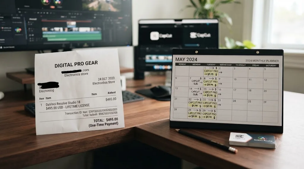 Illustration comparing a one-time DaVinci Resolve Studio purchase with a recurring CapCut Pro subscription calendar