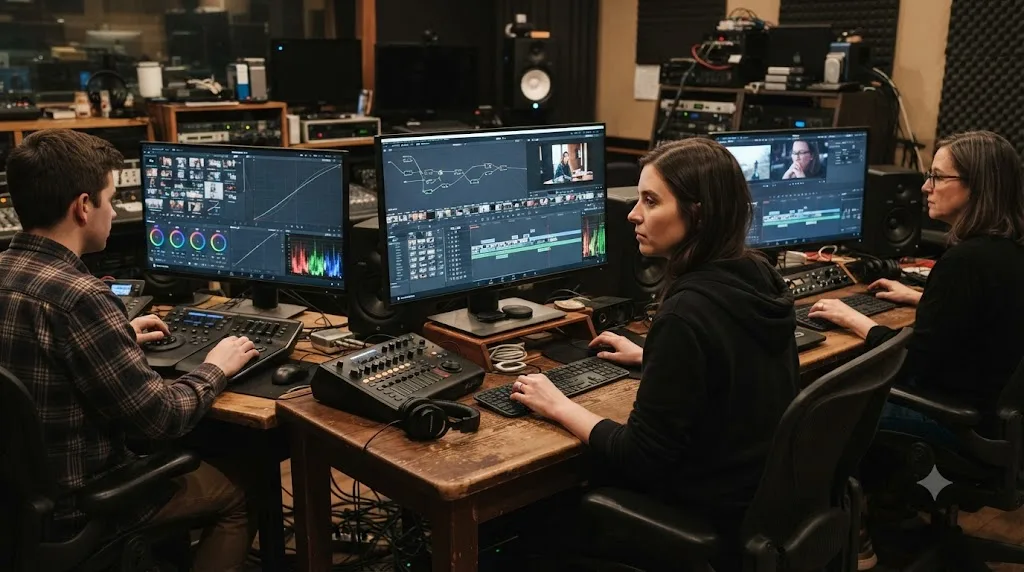 Illustration of multiple editors collaborating simultaneously inside the same DaVinci Resolve project