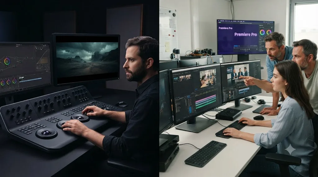 Illustration comparing a film colorist's workflow in DaVinci Resolve with a corporate video team's workflow in Premiere Pro