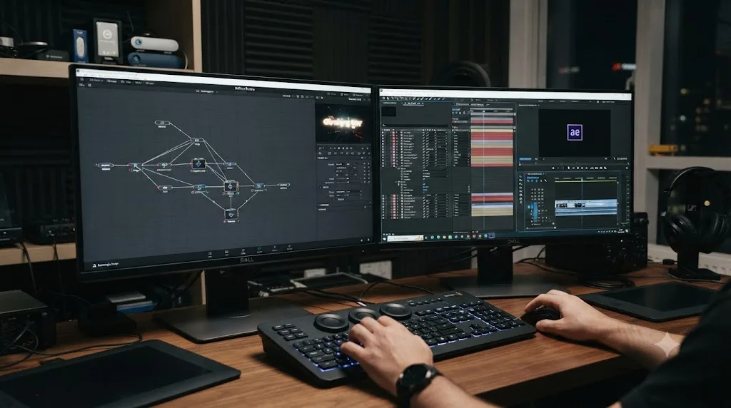 Illustration comparing the DaVinci Resolve Fusion node graph with an Adobe After Effects layer composition
