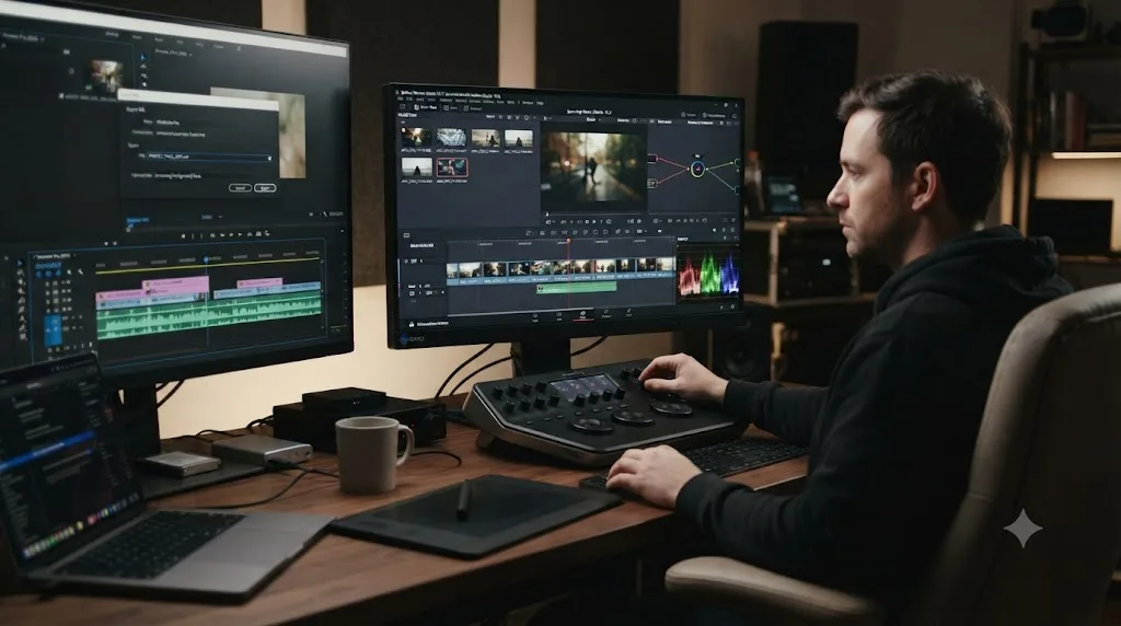 Illustration of a video project moving from Premiere Pro to DaVinci Resolve through an XML export for color grading