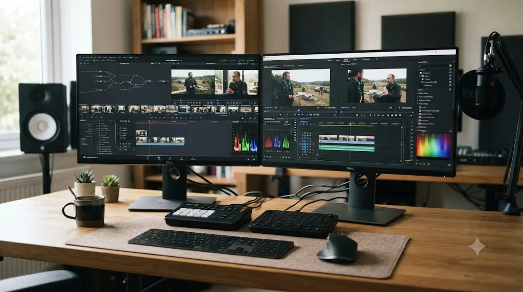Illustration of the DaVinci Resolve and Premiere Pro interfaces shown side by side on two monitors