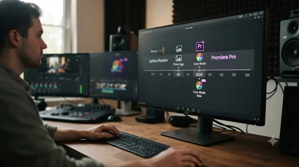 Illustration of a timeline showing DaVinci Resolve's Photo page and Premiere Pro's Color Mode both launching in 2026