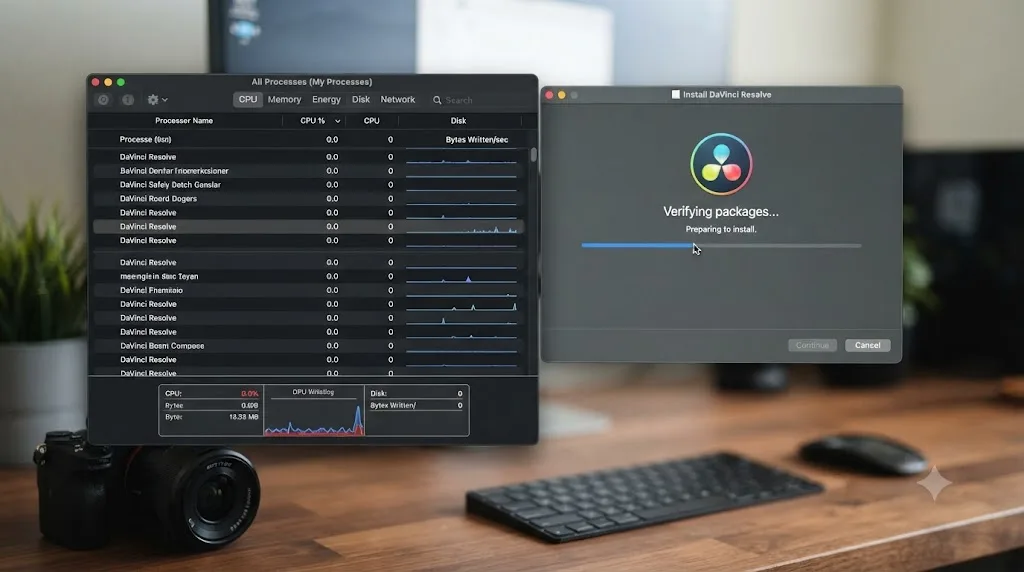 Illustration of Activity Monitor showing zero CPU and disk activity next to a stalled DaVinci Resolve installer window