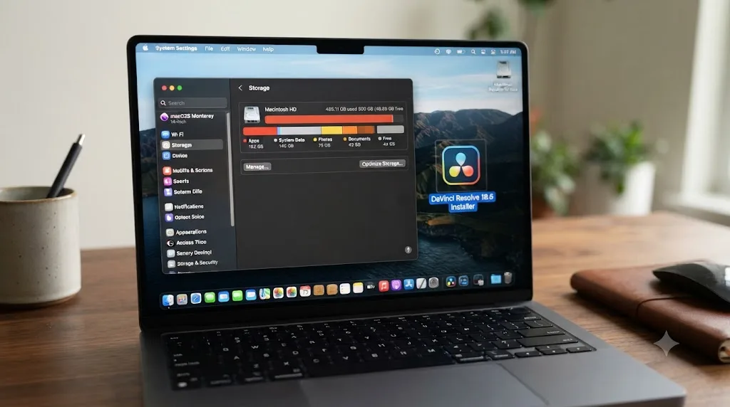 Illustration of a Mac storage panel showing a nearly full startup disk next to the DaVinci Resolve installer icon