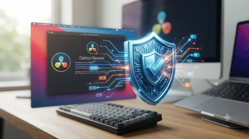 Illustration of a firewall shield icon intercepting a network connection from the DaVinci Resolve installer