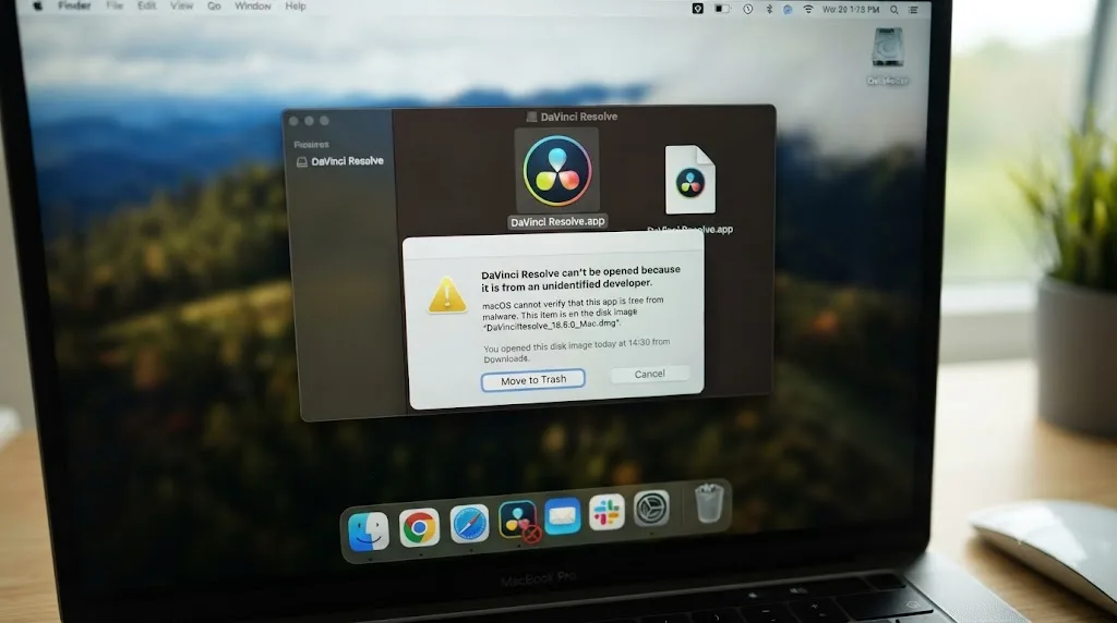 Illustration of a macOS Gatekeeper security dialog blocking a DaVinci Resolve app icon with a warning symbol
