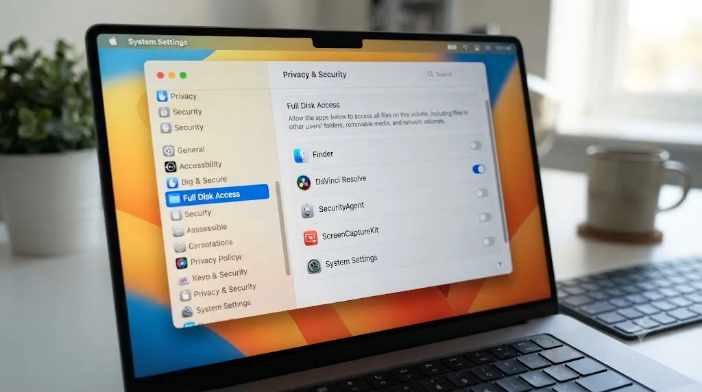 Illustration of a macOS Privacy and Security settings panel with DaVinci Resolve listed under Full Disk Access