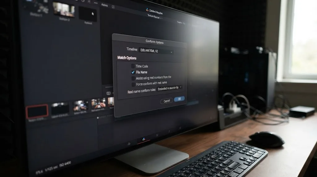 Illustration of the DaVinci Resolve conform options dialog with timecode matching unchecked and file name matching checked