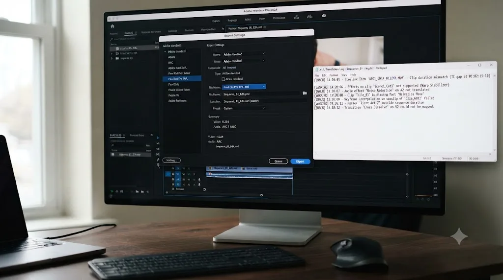 Illustration of the Premiere Pro export menu with Final Cut Pro XML selected next to a translation log window