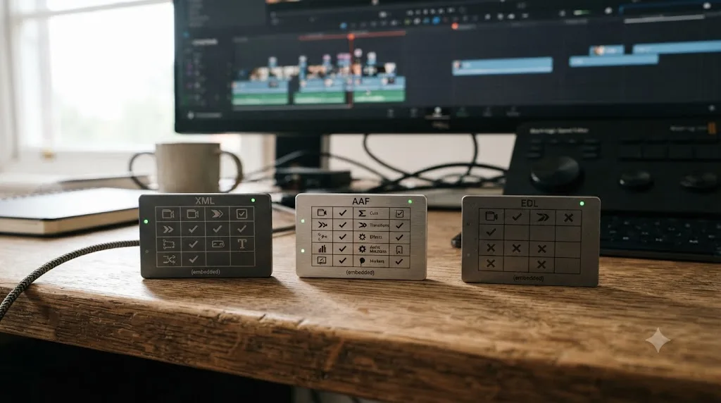 Illustration comparing what XML, AAF, and EDL formats carry when moving a project from Premiere Pro to DaVinci Resolve
