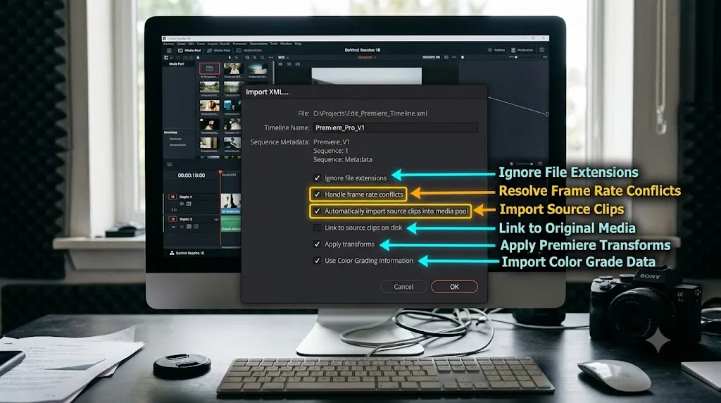 Illustration of the DaVinci Resolve XML import dialog with its checkbox settings labeled