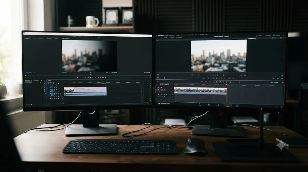 Illustration of a video clip with a smooth opacity fade in Premiere Pro appearing as a frozen frame in DaVinci Resolve