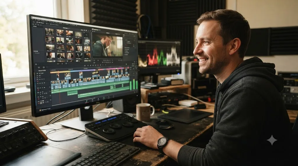 Illustration of an editor looking at a fully restored DaVinci Resolve timeline after fixing a broken XML import