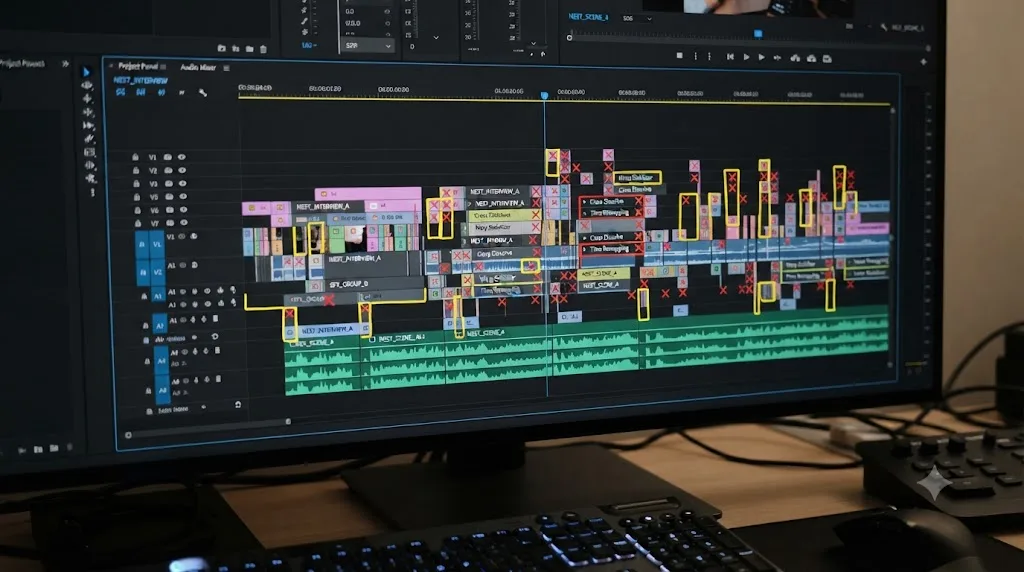 Illustration of a Premiere Pro timeline with nested sequences and effects marked for removal before an XML export