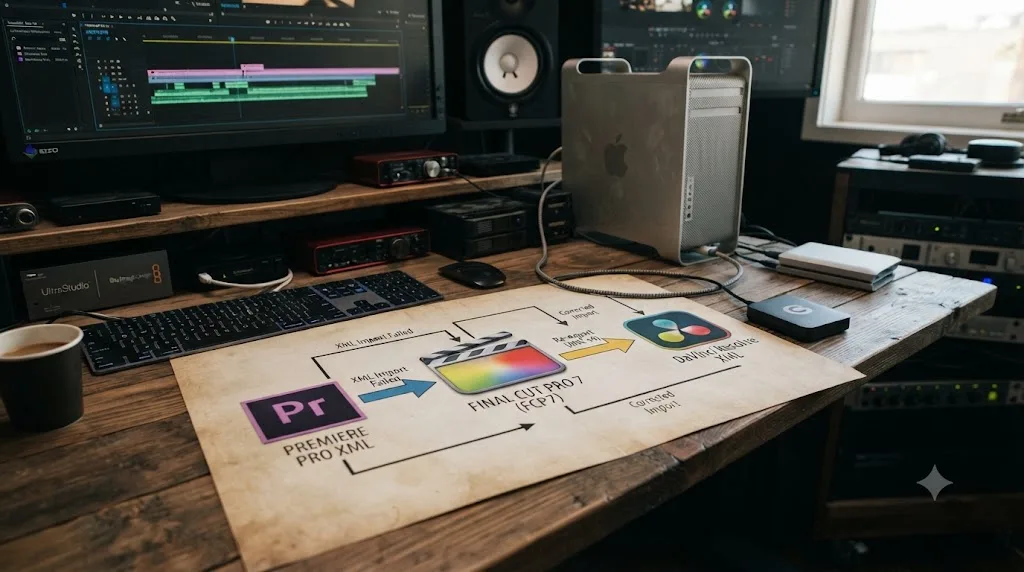 Illustration of an XML workflow passing through Final Cut Pro 7 as a workaround between Premiere Pro and DaVinci Resolve