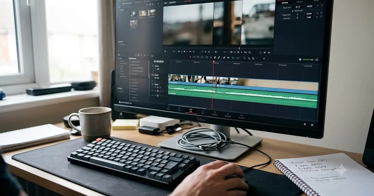 Illustration of a DaVinci Resolve timeline being edited during a tutorial session