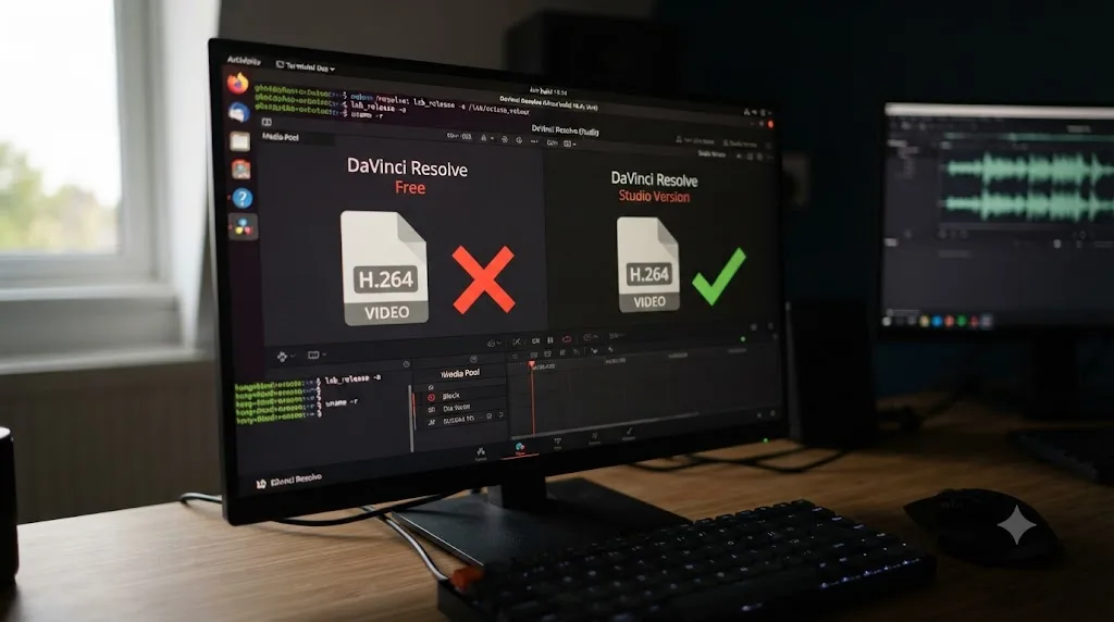 Illustration of an H.264 video file being blocked by the free DaVinci Resolve version on Linux but accepted by Studio