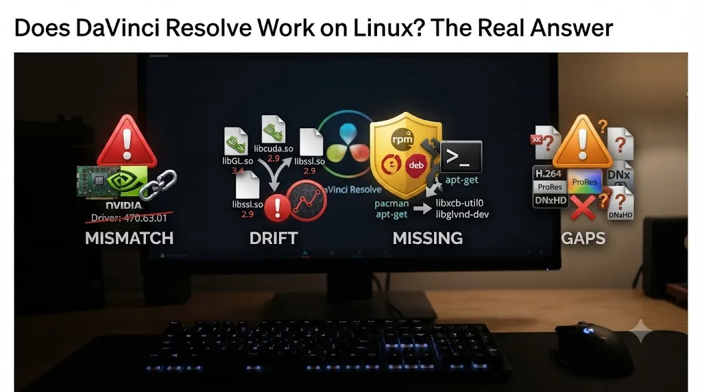 Illustration of the four most common problems Linux users hit running DaVinci Resolve