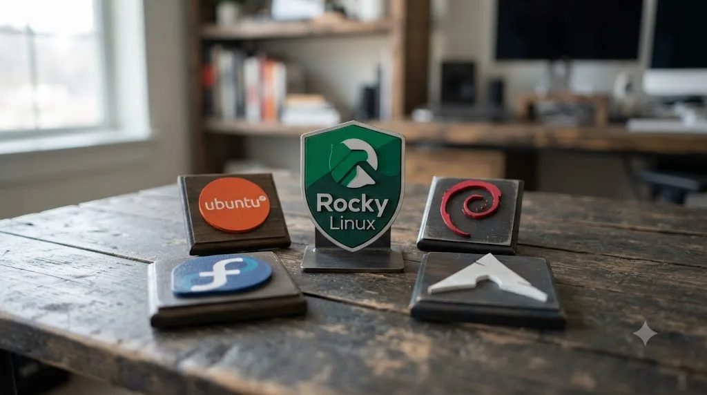 Illustration of popular Linux distributions arranged around Rocky Linux, the only officially supported distribution for DaVinci Resolve