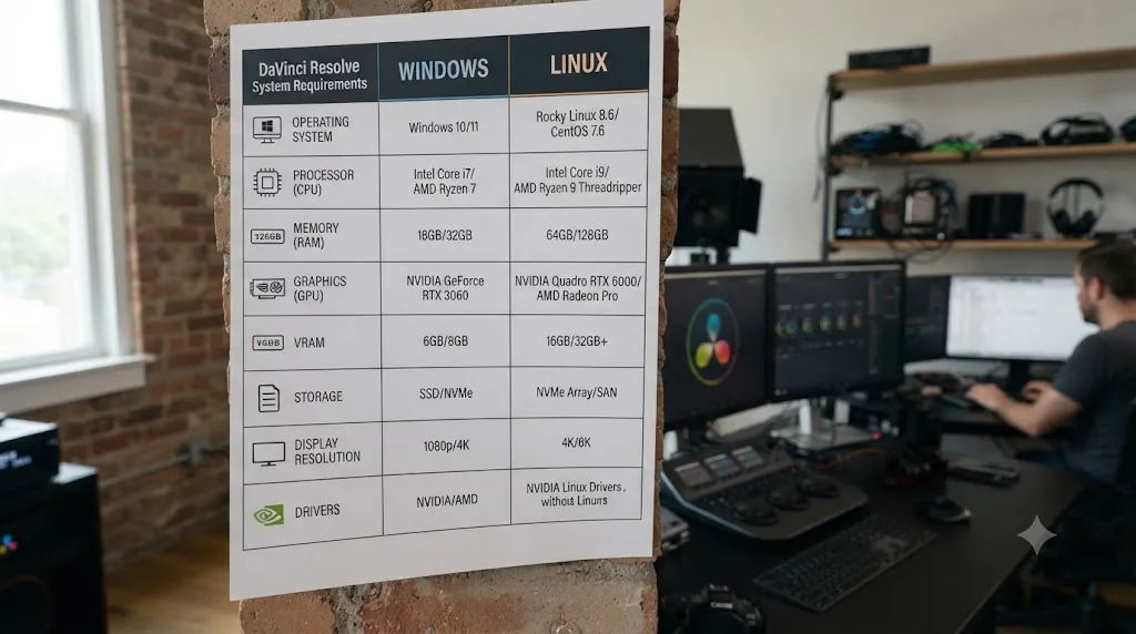 Illustration of a comparison chart showing DaVinci Resolve system requirements for Windows and Linux