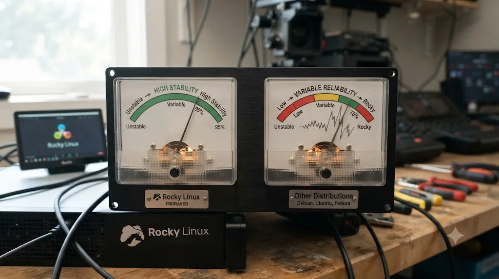 Illustration of a stability meter comparing DaVinci Resolve reliability on Rocky Linux versus other Linux distributions