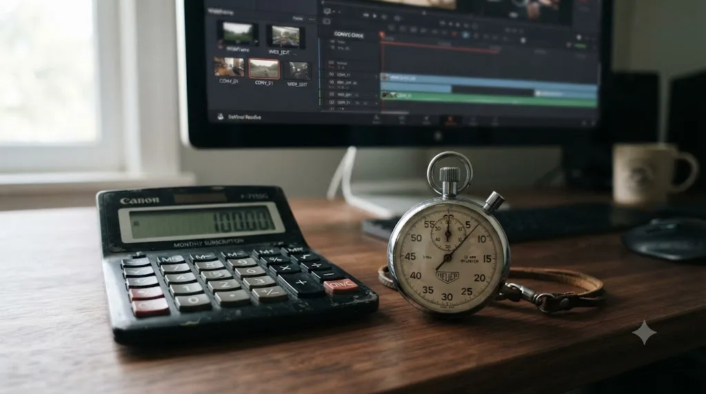 Illustration of a calculator showing a monthly subscription cost next to a stopwatch representing manual conversion time