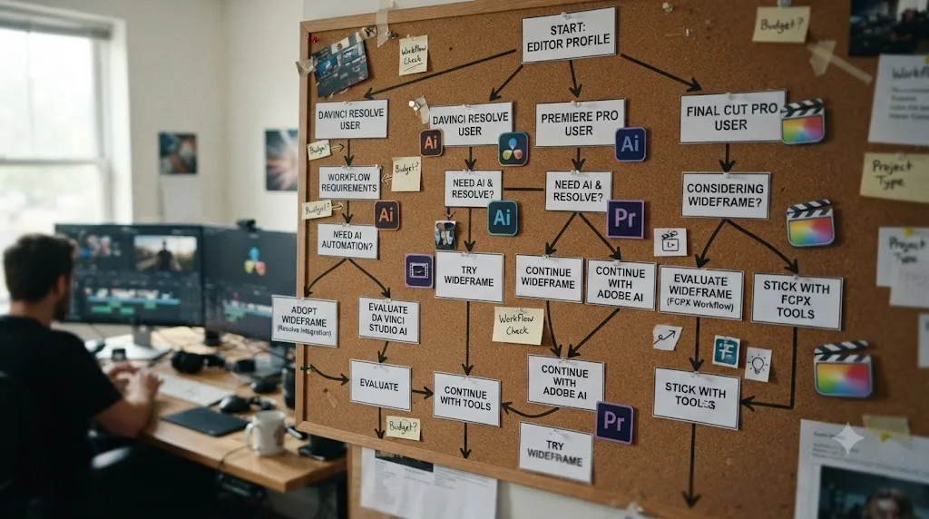Illustration of a decision flowchart matching different types of video editors to different next-step recommendations