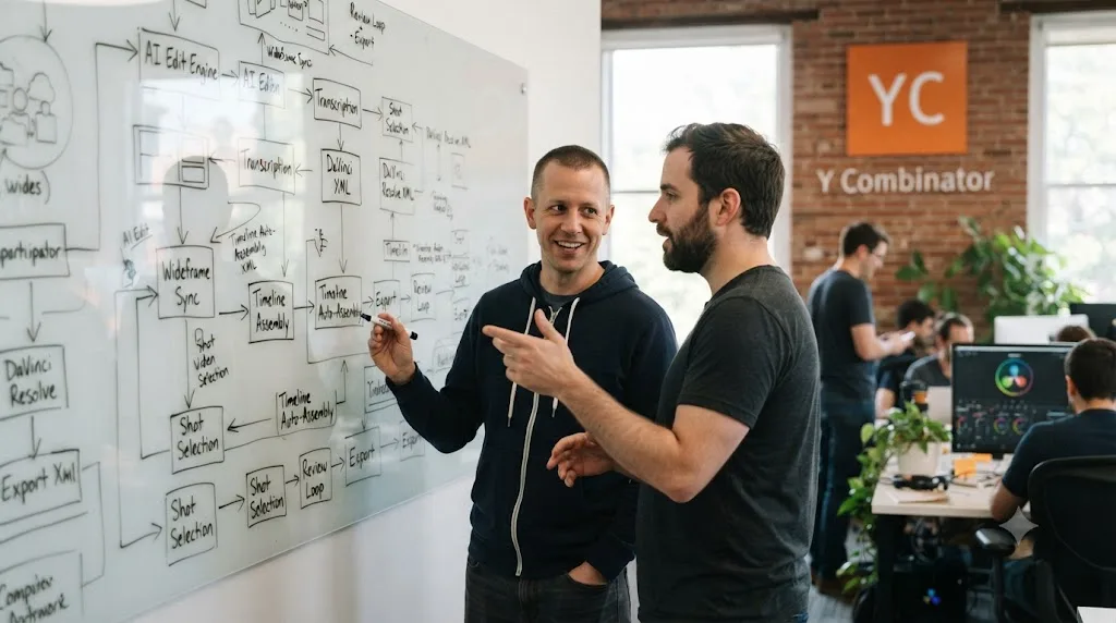 Illustration of two startup founders sketching an AI video editing workflow on a whiteboard
