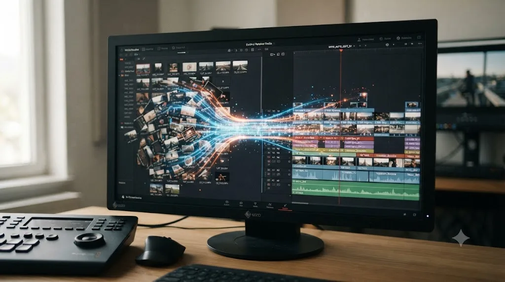 Illustration of raw unorganized video clips transforming into a labeled, sequenced timeline through an automated process