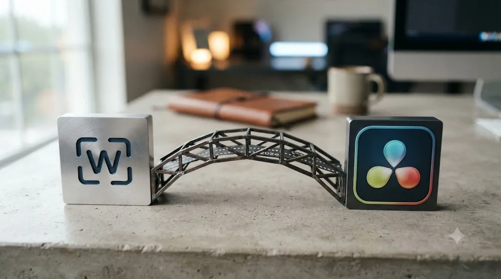 Illustration of a Wideframe icon and a DaVinci Resolve icon connected by an unfinished dotted bridge labeled 2026