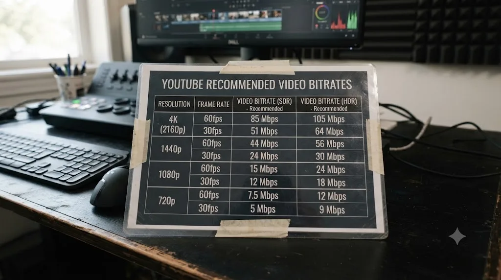 Illustration of a settings sheet listing YouTube's recommended export bitrates by resolution
