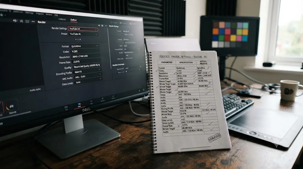 Illustration comparing a stock export preset against manually verified YouTube settings