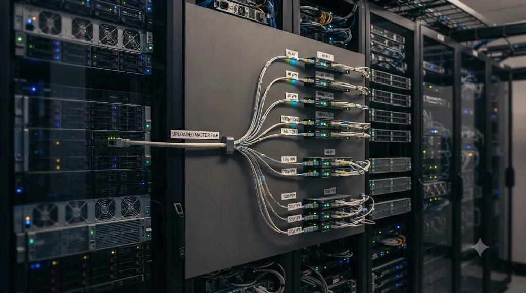 Illustration of a single uploaded video file branching into YouTube's multiple transcoded versions