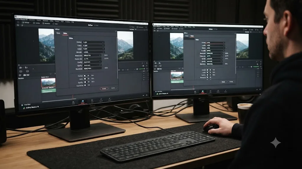 Illustration comparing H.264 and H.265 encoder options in the DaVinci Resolve Deliver page
