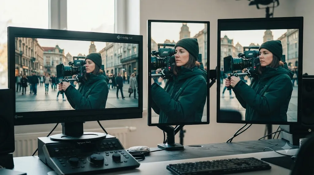 Illustration of one video framed for widescreen, vertical, and portrait social platforms