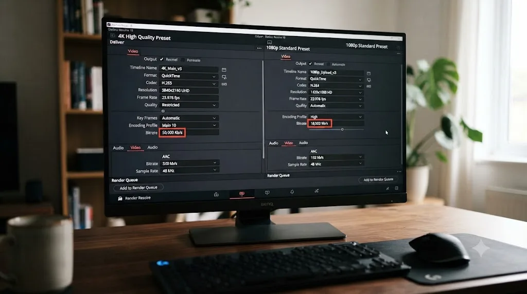 Illustration of YouTube export bitrate and audio settings compared side by side