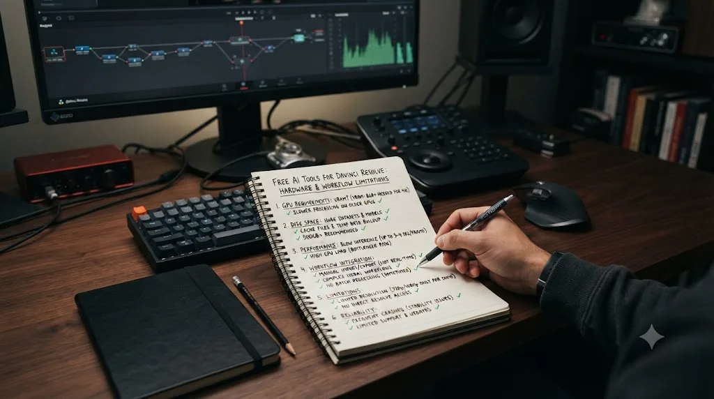 Illustration of a decision flowchart matching editor needs to the right free AI tool for DaVinci Resolve