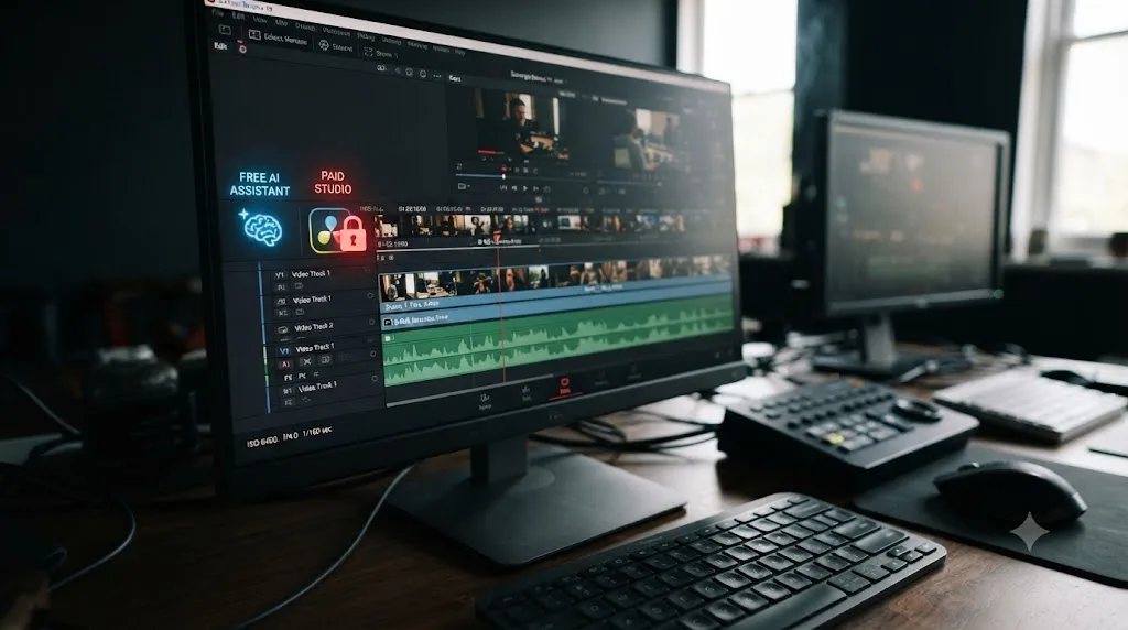 Illustration of two editors using free AI tools, one reviewing subtitles and one editing a transcript in DaVinci Resolve