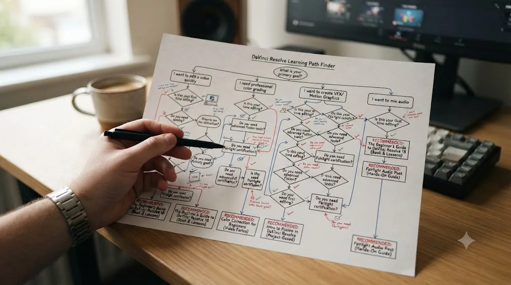 Illustration of a flowchart matching a learning goal to the right free DaVinci Resolve course