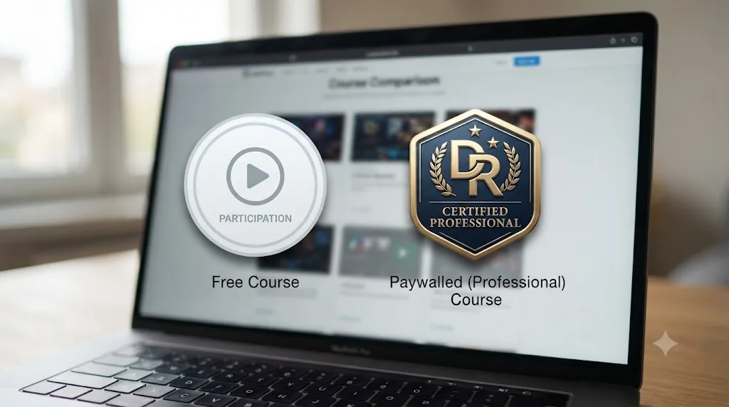 Illustration comparing a genuinely free DaVinci Resolve course to a paywalled one