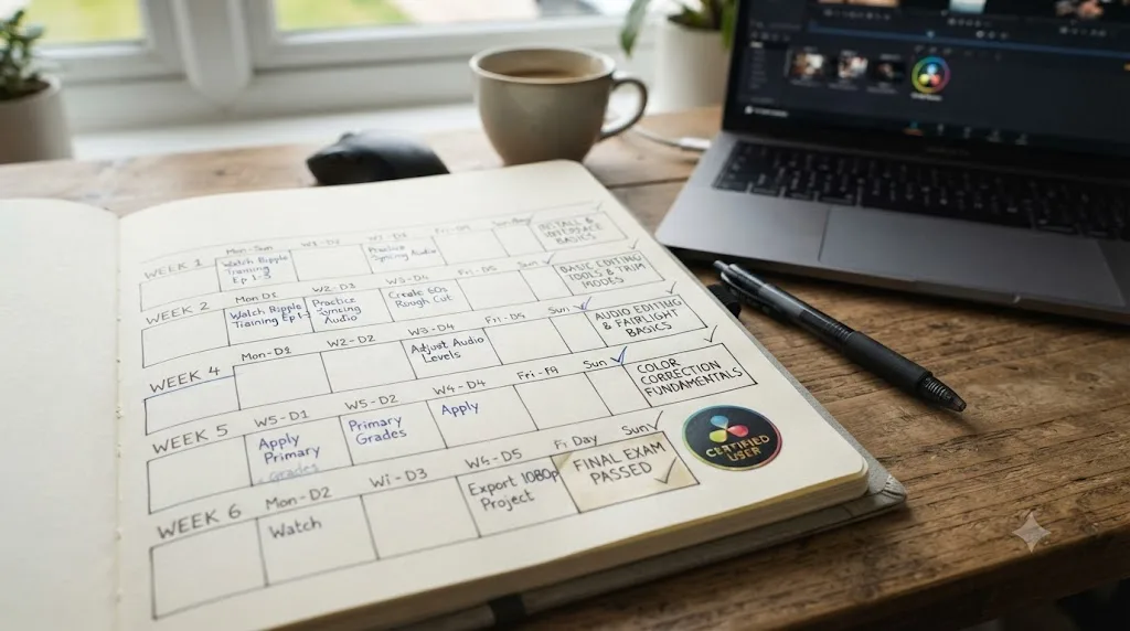 Illustration of a six-week self-study plan for learning DaVinci Resolve free
