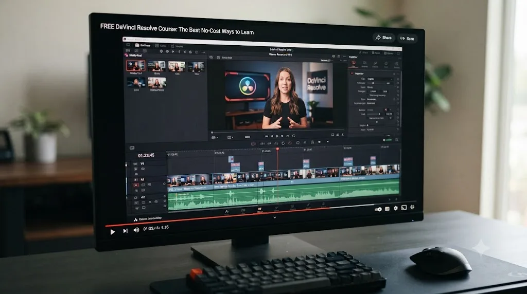 Illustration of a free DaVinci Resolve tutorial playing in a video player
