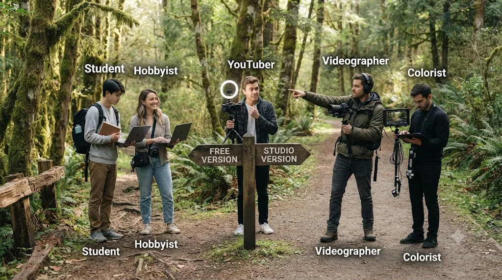 Illustration of different types of DaVinci Resolve users choosing between the free and Studio versions