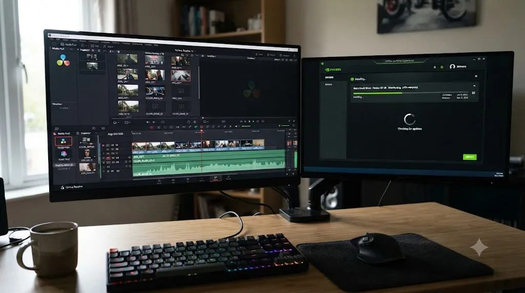 Illustration of updating a graphics card driver alongside a DaVinci Resolve window
