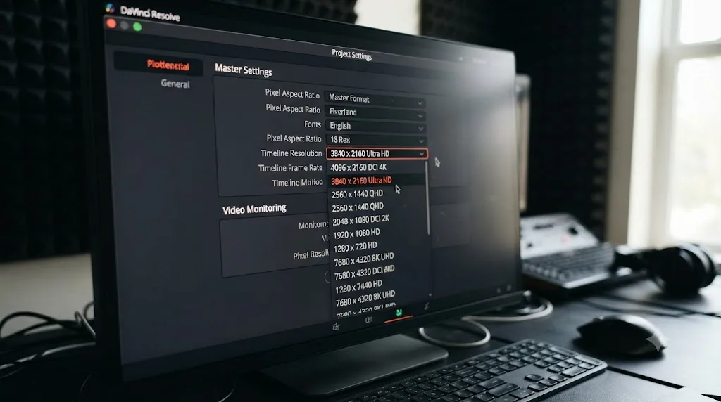 Illustration of the Timeline Resolution setting being lowered in DaVinci Resolve's Project Settings