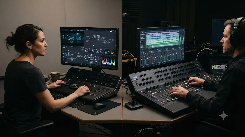 Illustration of a colorist working with nodes on the DaVinci Resolve Color page next to a Fairlight audio mixer