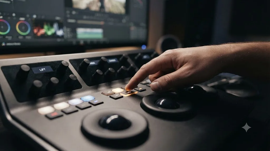 Illustration of a hand pointing at a specific setting inside a DaVinci Resolve interface panel